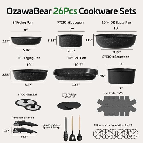 OzawaBear 26 Pcs Pots and Pans Set Non Stick, Ceramic Cookware Set Non Toxic with Detachable Handles, Healthy Induction Cookware Oven Safe RV Kitchen Set, PFAS PFOA & PTFE Free, Black