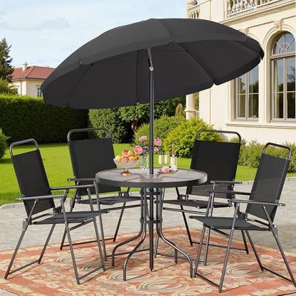 Shintenchi 6 Piece Patio Dining Set with Umbrella, Outdoor Furniture Set with 4 Folding Chairs and Tempered Glass Top Dining Table for Lawn Backyard Garden Porch, Black
