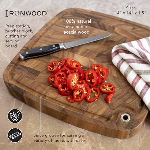 Ironwood Gourmet Carolina Acacia Wood Chopping Board, 14" End Grain Butcher Block Cutting Board With Juice Channel
