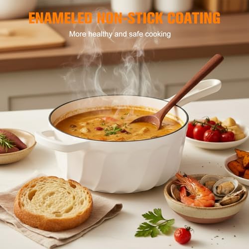 NSIRONS Enameled Cast Iron Sauce Pan, 2 Quart Saucepan with Lid, Small Cast Iron Pot Enamel Saucepan for Cooking Pasta Sauce, Gravy, Puddings, Marinate, Boiling (White)