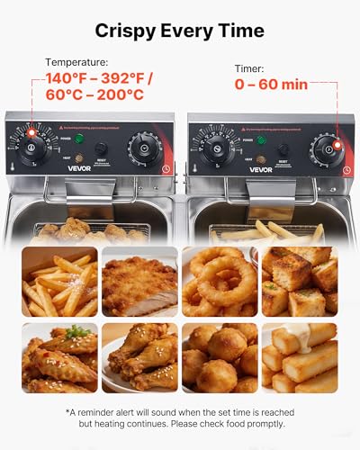 VEVOR Commercial Electric Deep Fryer, Upgrade Dual Tank 19 Qt, 3500W Stainless Steel Countertop Fryer with Baskets & Lids, Temp Control, Timer, Overheat Protection, for Commercial Restaurant, Silver