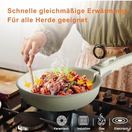 DUMOS 12 Pcs Kitchen Pots and Pans Set, Nonstick Kitchen Cookware Set, Healthy Non-toxic Induction Cooking Sets with Detachable Handle, Oven Safe, Beige