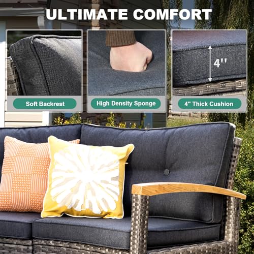 MEISSALIVVE 11 Piece Outdoor Patio Furniture Set, Half-Moon Curved Sectional Set with Wood Armrests, Patio Conversation Set for Porch,Deck,Balcony (Grey)