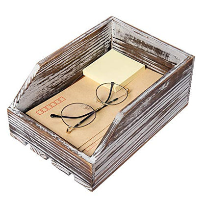 Liry Products Torched Wood Paper Nesting Tray Stackable Document Storage Crate File Organizer Whitewashed Tabletop Wooden Box Basket Letter Holder Folder Rack Desktop Home Office Supplies Jewelry