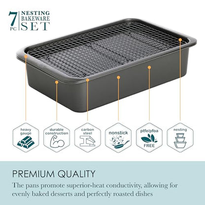 Chicago Metallic 7-Piece Nesting Bakeware Set - Carbon Steel Nonstick Baking Sheet, Loaf Pan, Muffin Pan, Cake Pan, Roaster and Cooling Rack - Space-Saving Kitchen Essentials