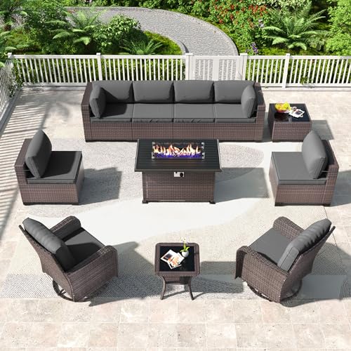 Kullavik 11 Piece Outdoor Patio Furniture Set with Fire Pit & Swivel Chairs
