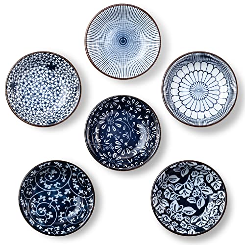 Dipping Bowls, Soy Sauce Dish Ceramic, 3 OZ Small Serving Bowls for Side Dishes Vintage Blue Stylish Design, Set of 6 Mini Appetizer Plates for Condiment Sushi Ketchup BBQ Party, 4 Inch