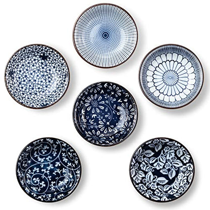 Dipping Bowls, Soy Sauce Dish Ceramic, 3 OZ Small Serving Bowls for Side Dishes Vintage Blue Stylish Design, Set of 6 Mini Appetizer Plates for Condiment Sushi Ketchup BBQ Party, 4 Inch