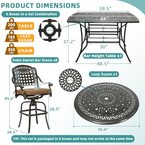 MEETWARM 10-Piece Outdoor Bar Set, All Weather Cast Aluminum High Patio Dining Set with 8 Cushioned Swivel Bar Stools, Large 64" Square Patio Bar Height Table with Detachable Lazy Susan, Umbrella Hole