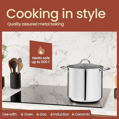 Stainless Steel Stockpot with Tempered Glass Lid 16 Quart, Durable 18/0 Stainless Steel, Impact-Bonded Base for Even Heating, Riveted Handles, Oven & All Stove Compatible, Safe Up To 500°F (260°C)