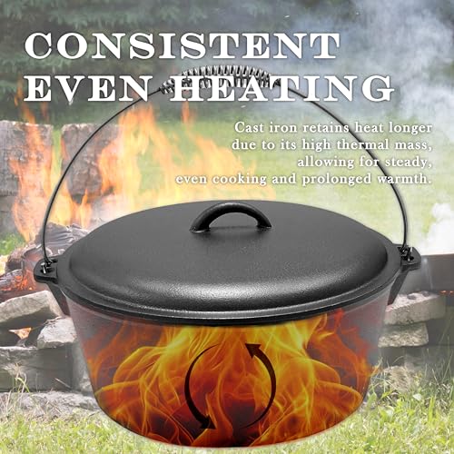Cuisiland 12 Quart Cast Iron Dutch Oven with Dome Lid & Bail Handle – Pre-Seasoned Large Campfire Pot for Outdoor Cooking, Roasting, Baking & Stews – Heavy-Duty Cookware with Even Heat Distribution