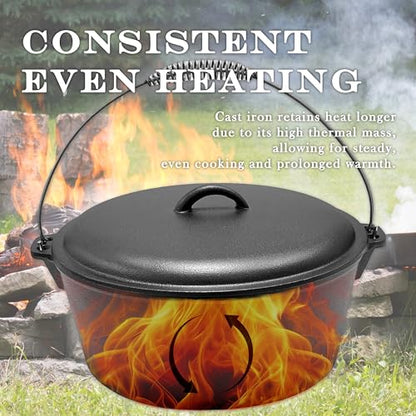 Cuisiland 12 Quart Cast Iron Dutch Oven with Dome Lid & Bail Handle – Pre-Seasoned Large Campfire Pot for Outdoor Cooking, Roasting, Baking & Stews – Heavy-Duty Cookware with Even Heat Distribution
