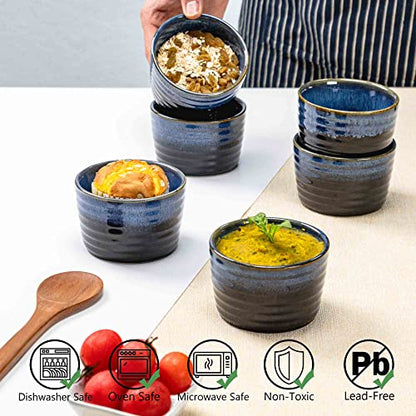 Henten Home Ceramic 8 oz Ramekins Set of 6, Porcelain Souffle and Creme Brulee Ramekins, Oven Safe Small Bowls, Reactive Glaze (Blue)