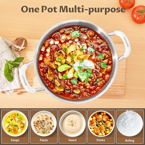 8 Quart Nonstick Stock Pot with Lid, BEZIA Fully-Clad 3-Ply Stainless Steel Pots, Induction Soup Pot with Lid, Kitchen Cooking Pots with Silicone Handle, for All Cooktops, Free of PTFE/PFOA/PFOS
