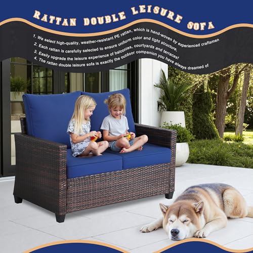 Outdoor 2-Seat Rattan Loveseat,Water-Resistant Deep Cushions,Patio,Blue