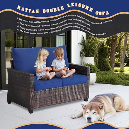 Outdoor 2-Seat Rattan Loveseat,Water-Resistant Deep Cushions,Patio,Blue