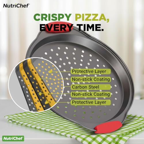 NutriChef 3-Piece Pizza Tray Set with Silicone Handles - Round Nonstick Pizza Pan with Perforated Holes, Durable Carbon Steel, Small, Medium, Large Sizes - Ideal for Crispy, Evenly Baked Pizzas (Gray)