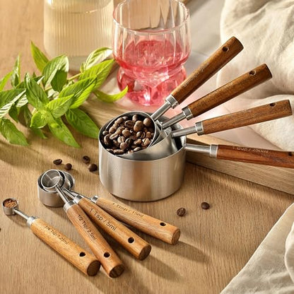 8PCS Measuring Cups, DAJLFA Stainless Steel Measuring Cups and Spoons Set with Ergonomic Wooden Handle for Cooking & Baking