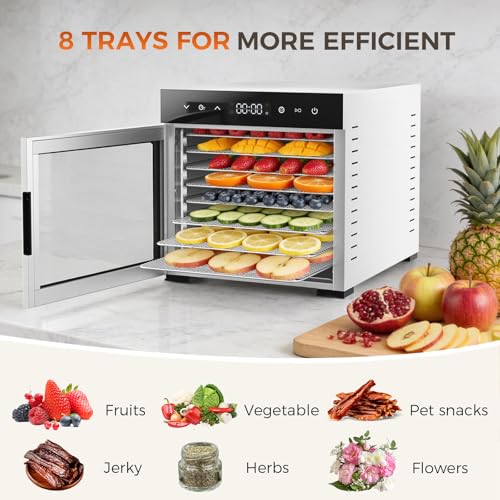 OLIXIS Food Dehydrator Machine, 500W Jerky Dehydrators with 8 Stainless Steel Large Trays, 185°F Temperature Control & 24H Timer Food Dryer for Fruit Meat Herb Dog Treats, Silver