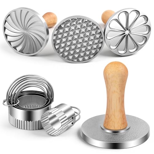 Cookie Stamps Set of 8, 3 Pcs Metal Cookie Press Mold with Wooden Handle, 5 Size Cookies Cutter Tool, Cookies Embossing Stamp Mold for DIY Baking, Cake, Christmas, Pastry, Easy to Use, Gift Package