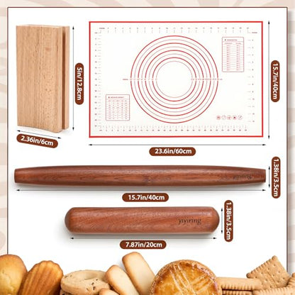 Yiyiring 4 Pcs Sapele Wood French Rolling Pin Set Tapered and Mini Wooden Rolling Pins(15.7inch, 7.8inch)with Silicone Baking Mat and Beech Wood Base for Baking Fondant Pizza Pasta Pie Crust Pastries