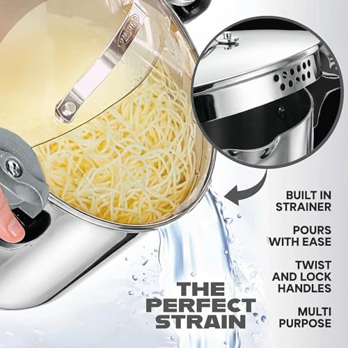 GOTHAM STEEL 8 Qt Nonstick Pasta Pot with Strainer Lid, Stainless Steel Stock Pot, Twist & Lock Handles, 2 Strainer Sizes, PFOA Free, for Soup & Spaghetti, Induction Ready, Oven & Dishwasher Safe