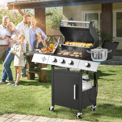 MELLCOM Upgraded 36,000 BTU Stainless Steel Burner Barbecue Grill, 3 Burner BBQ Propane Gas Grill with Cast Iron Grates & Side Stove for Patio, Camping, Outdoor Cooking