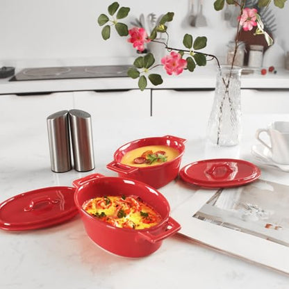 jinsongdafa Ceramic Mini Oval Cocotte Set, 10 Ounces Small Casserole Dishes with Lids and Handles, Individual Baking Ramekins, Oven, Microwave & Dishwasher Safe, Red 7.1 Inch