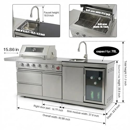 84-Inch Deluxe Stainless Steel Outdoor Kitchen Barbecue Island Grill, 5-Burner 75300 BTU, SS304 Material with Sink, Wine Cooler, Refrigerator, Granite Countertops & Rotisserie Kit, Silver (Silver)