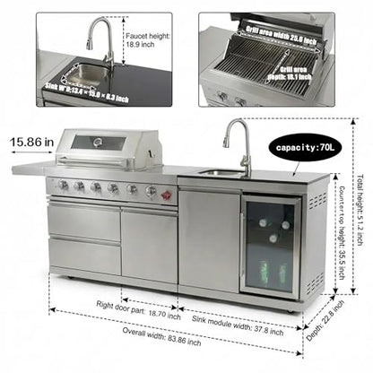 84-Inch Deluxe Stainless Steel Outdoor Kitchen Barbecue Island Grill, 5-Burner 75300 BTU, SS304 Material with Sink, Wine Cooler, Refrigerator, Granite Countertops & Rotisserie Kit, Silver (Silver)