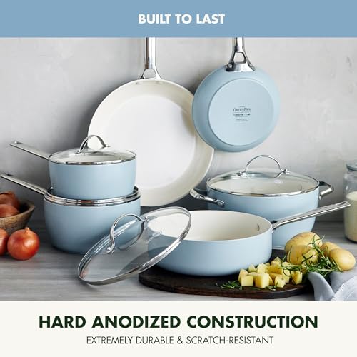 GreenPan Padova Pro 10 Piece Cookware Pots and Pans Set, Hard Anodized Healthy Ceramic Nonstick PFOA and PFAS-Free, Induction Suitable, Stainless Steel Handles, Dishwasher and Oven Safe, Blue Haze