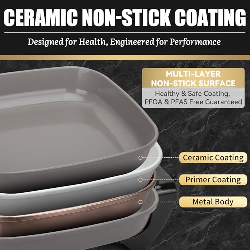 FineMade 12-inch Family Size Electric Skillet with Lid, Ceramic Skillet Electric, Square Skillet, Non Stick Electric Skillet Griddle Pan, PFAS-Free Temperature Control, 1500W, 6 QT, Gray