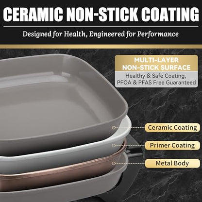 FineMade 12-inch Family Size Electric Skillet with Lid, Ceramic Skillet Electric, Square Skillet, Non Stick Electric Skillet Griddle Pan, PFAS-Free Temperature Control, 1500W, 6 QT, Gray
