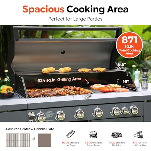 Brand-Man 6-Burner Gas Outdoor Kitchen Grill Island with Side Burner - 72,000 BTU Stainless Steel BBQ Grill Station with Storage Cabinets, Fold-out Prep Table, LPG/NG Convertible, Gray