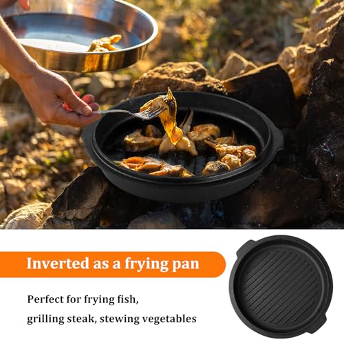 7QT Dutch Oven Camping with Lid Lifter, Leonyo 2 in 1 Cast Iron Dutch Oven for Outdoor Camping, Heavy Duty & Pre-Seasoned Deep Pot for Sourdough Bread Baking, Campfire Cooking