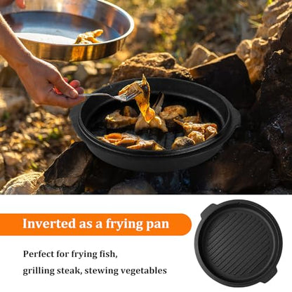 7QT Dutch Oven Camping with Lid Lifter, Leonyo 2 in 1 Cast Iron Dutch Oven for Outdoor Camping, Heavy Duty & Pre-Seasoned Deep Pot for Sourdough Bread Baking, Campfire Cooking
