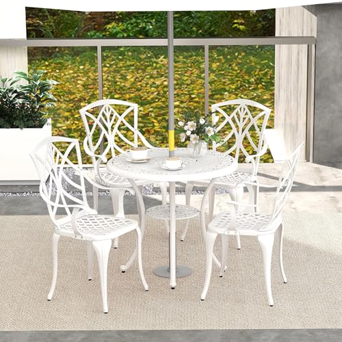 Tangkula 5 Pieces Cast Aluminum Outdoor Dining Set, Round Dining Table with 2” Umbrella Hole & 4 Armchairs, All-Weather Outdoor Furniture Set for Patio, Balcony, Garden & Backyard, White