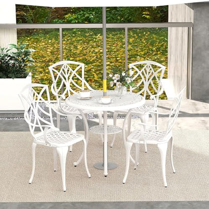 Tangkula 5 Pieces Cast Aluminum Outdoor Dining Set, Round Dining Table with 2” Umbrella Hole & 4 Armchairs, All-Weather Outdoor Furniture Set for Patio, Balcony, Garden & Backyard, White