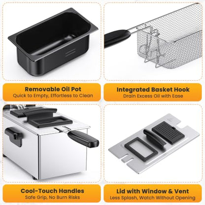 NEWBULIG Deep Fryer with Basket, 3 Liter Electric Deep Fryer with 1500W Power, Adjustable Temperature, Lid with Viewing Window for Fried Chicken, Shrimp, French Fries, Silver
