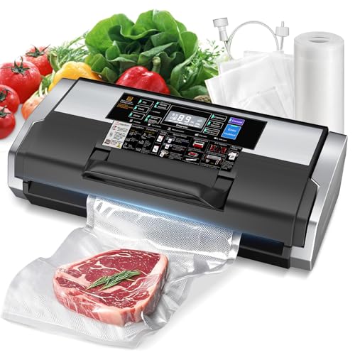 95KPa Vacuum Sealer Machine- Fully Automatic Commercial Food Sealer with 10-in-1 System, Double Heat Seal, Easy-Lock Handle & Built-in Cutter, Includes 1 Roll + 15 Bags (Black Silver)