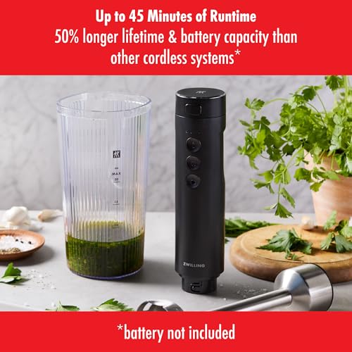 ZWILLING Xtend Immersion Blender and Accessory 2-pc Set – 3-Speed Cordless Hand Blender with Long Stainless Steel Arm and 20oz Beaker – Powerful, Quiet, Energy-Efficient, Battery Not Included