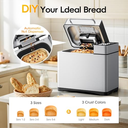 Manastin 19-in-1 Bread Maker Pro, 2LB Bread Machine with Fruit and Nut Dispenser, Stainless Steel Housing, Nonstick Baking Pan, 2 Pound Bread Maker Machine, Ideal Kitchen Gift for Home Bakers