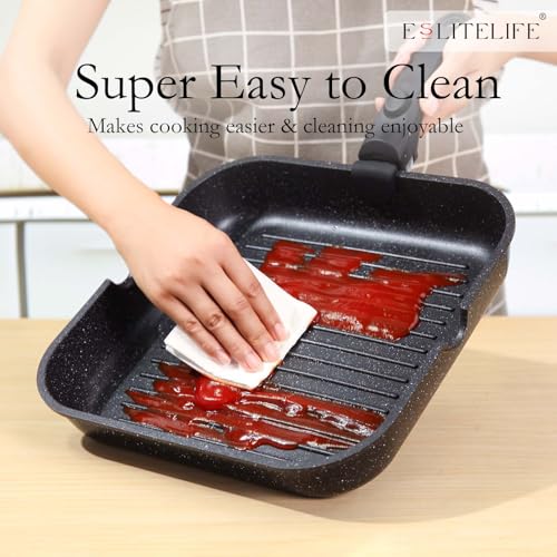 ESLITE LIFE 11 Inch Large Square Grill Pan, Induction Compatible Nonstick Steak Grill Pan with Detachable Handle, Versatile Skillet for Indoor Cooking, PTFE & PFOA Free, Black