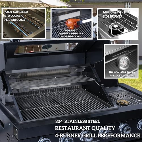 98 Inches Outdoor Kitchen Island, 4-Burner 72000 BTU Propane Stainless Steel BBQ with Side/Rear Burners, With Refrigerator and Sink, Rotisserie, Granite Countertops, Storage, For Backyard BBQ, Silver