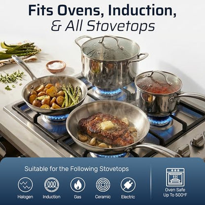 Gotham Steel 10 Pcs Tri Ply Stainless Steel Cookware Set, Pots and Pans Set with Induction Bottom, Made Without PTFE PFOA PFOS, Metal Utensil Safe, Oven and Dishwasher Safe