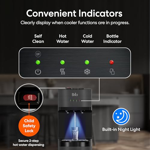 Brio Self Cleaning Bottom Loading Water Cooler Water Dispenser – Black Stainless Steel - 3 Temperature Settings - Hot, Room & Cold Water