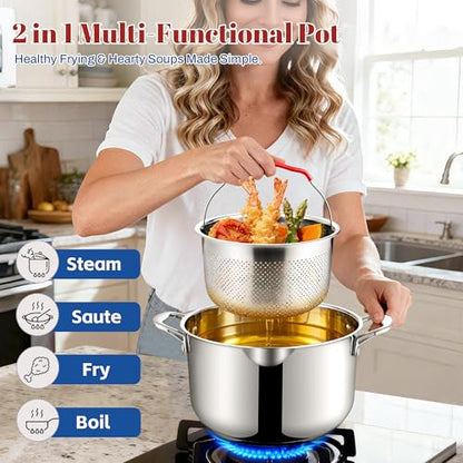 AOSION 6 Quart Stainless Steel Stock Pot with Strainer Lid & Deep Fryer Basket, Large Multipurpose Cookware for Spaghetti, Soup, Stew & Deep Frying, Compatible with All Stovetops & Oven Safe.