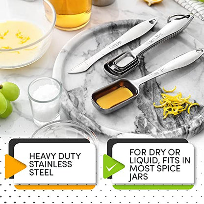 Spring Chef Stainless Steel Measuring Spoons Set of 6 with Leveler, Rectangular Metal Teaspoon & Tablespoon Measuring Spoons for Dry & Liquid Ingredients - Nesting Kitchen Gadgets For Baking & Cooking
