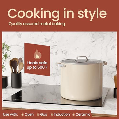 Bakken 16 Quart Ceramic Coated Stock Pot with Lid, Easy Clean Nonstick Pot, Tempered Glass Lid, Riveted Stainless Steel Handles, Oven Safe Up To 500°F, PTFE & PFAS Free, All Stove Compatible, Cream