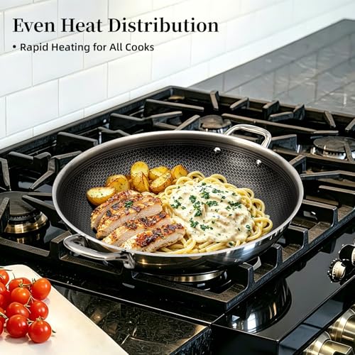 DELUXE Hybrid Ceramic Nonstick 14-Inch Frying Pan with Stainless Steel Lid, Dual Stay-Cool Handles, Dishwasher-Safe, Induction Ready, Compatible with All Cooktops